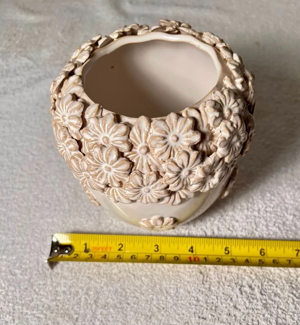 Ceramic Planter With Intricate 3D Floral Relief Cascading Sculpted Blossoms